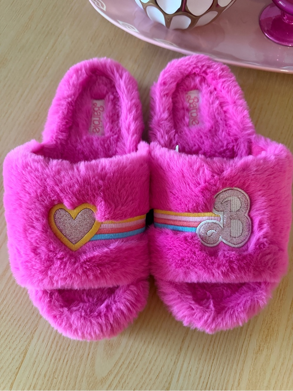 Barbie Hot Pink Fuzzy Slide Slippers with Heart & '3' Patch